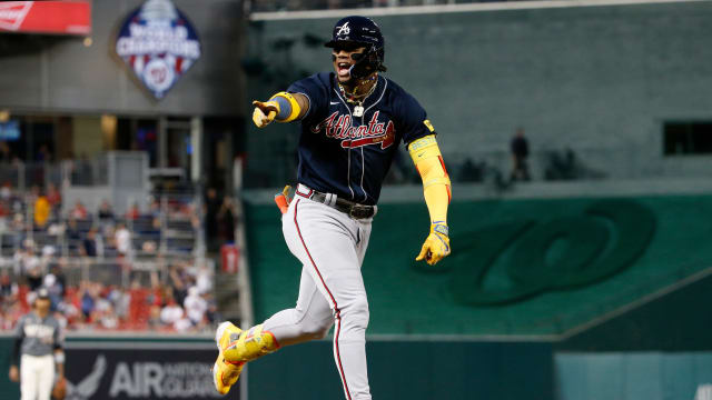 Sep 22, 2023; Washington, District of Columbia, USA; Atlanta Braves right fielder Ronald Acuna Jr. (13) celebrates while rounding the bases after hitting his 40th home run of the season against the Washington Nationals during the first inning at Nationals Park.